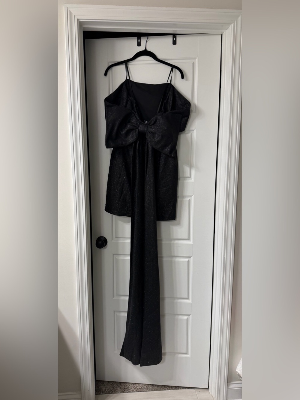 Black Sparkle Mini Dress with Black Bow Draped Train